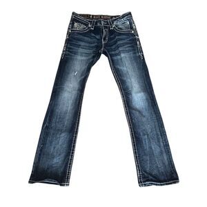 Rock Revival Men's Jeans Scorpius Slim Straight Sz 31 Dark Wash Blue Distressed